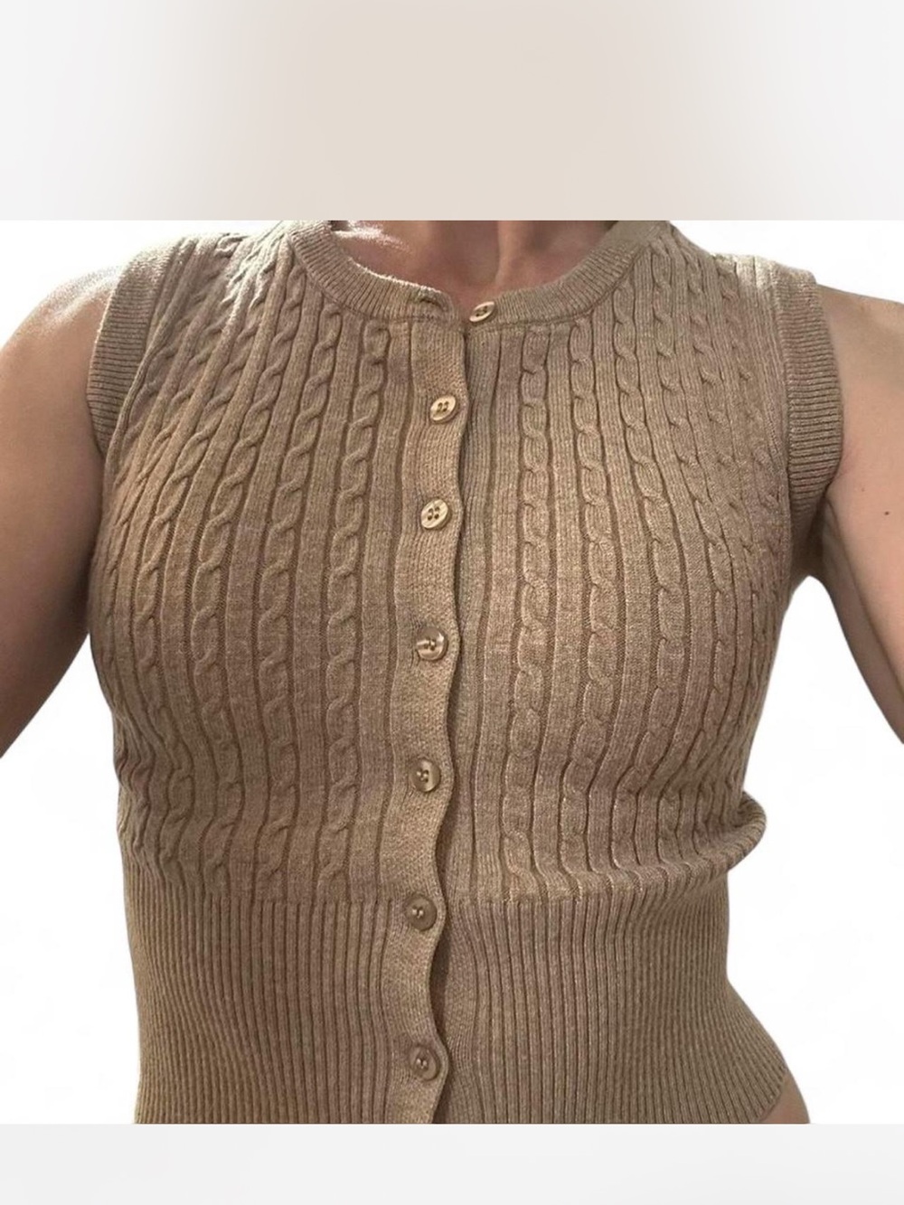 Ultra Flirt Brown Cable Knit Sleeveless Cardigan - Picture 2 of 3